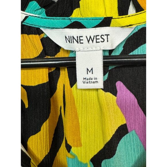 Nine West Top Women’s M Multicolor Abstract Leaf Print Short Sleeve Tie Neck Top - Picture 4 of 12